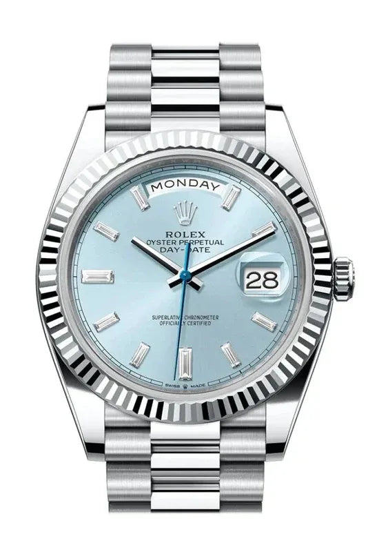 Rolex Day-Date 40mm Watch – Ice Blue Dial, Fluted Bezel | Waterproof