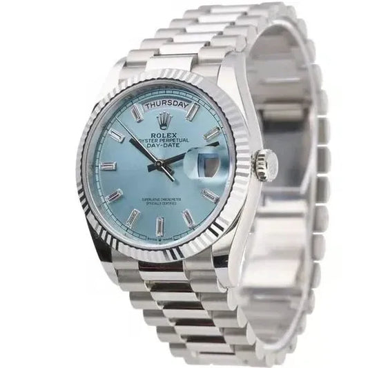 Rolex Day-Date 40mm Watch – Ice Blue Dial, Fluted Bezel | Waterproof