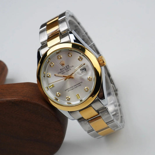  White Silver Dial, Gold & Silver Strap for Men"