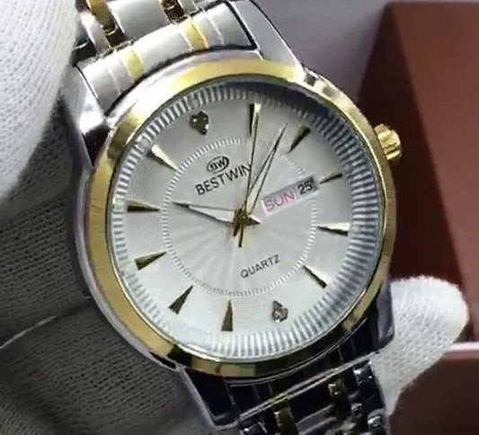 🤍 BestWin Jubilee – Gold & Silver + White Dial | Waterproof| ZAS Watches
