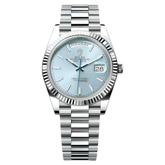 Rolex Day-Date 40mm Watch – Ice Blue Dial, Fluted Bezel | Waterproof