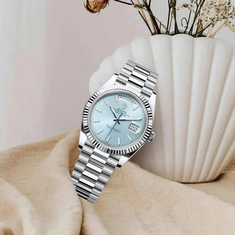 Rolex Day-Date 40mm Watch – Ice Blue Dial, Fluted Bezel | Waterproof