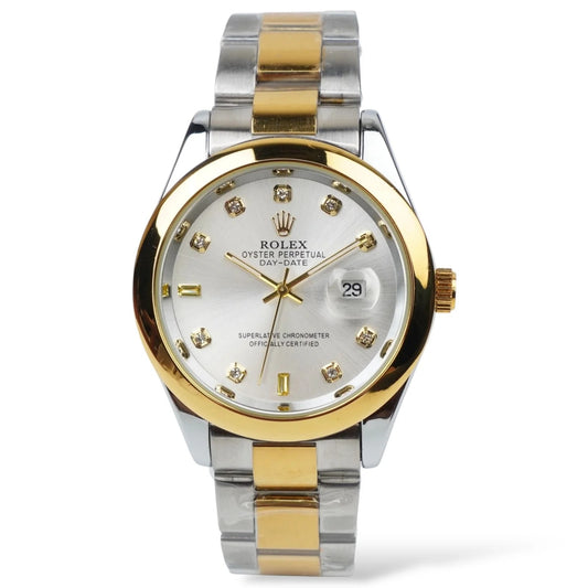 Elegant Rolex Watch – White Silver Dial with Gold & Silver Strap | Men's Luxury Watch"

